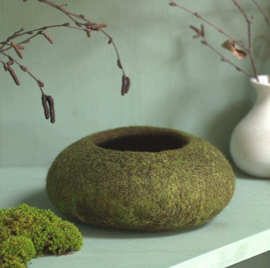 Deep Moss Green Felt Bowl - hand felted textile art