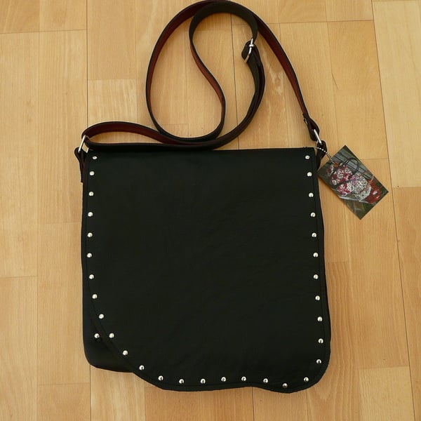 Leather crossbody bag, black and red leather biker bag, shoulder bag, handbag,