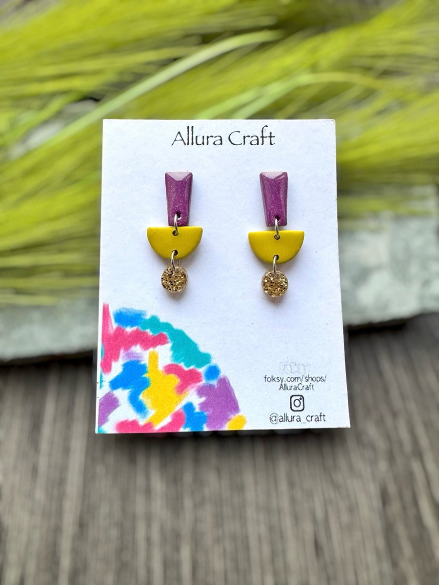 Geometric Polymer Clay Earrings - Purple Shimmer and Chartreuse Dangles