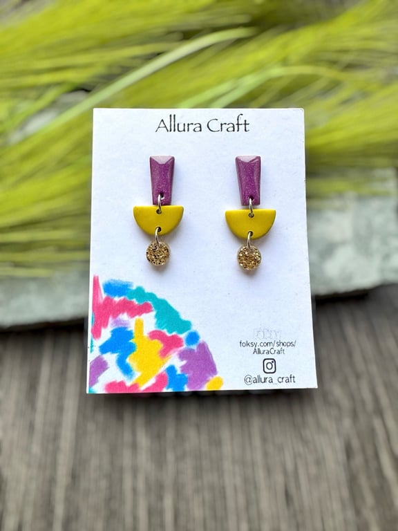 Geometric Polymer Clay Earrings - Purple Shimmer and Chartreuse Dangles