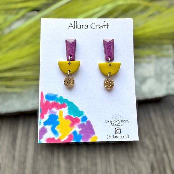 Geometric Polymer Clay Earrings - Purple Shimmer and Chartreuse Dangles