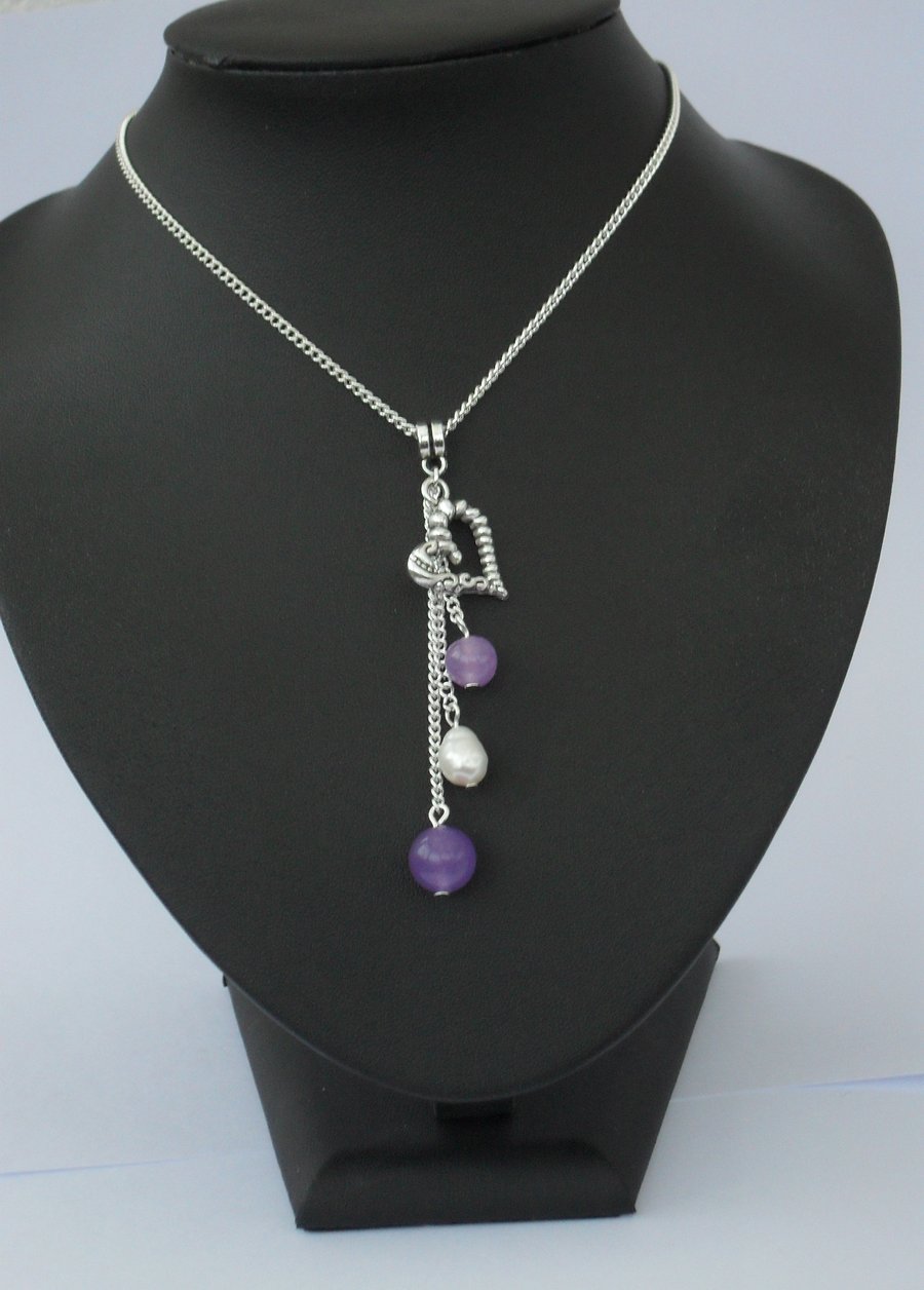 Purple alexandrite, white pearl and heart charm necklace