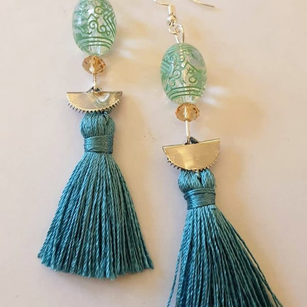 Aztec design bead and tassel earrings