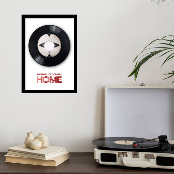 A4 framed 'Three Lions' vinyl with 'FOOTBALL'S COMING HOME' graphic