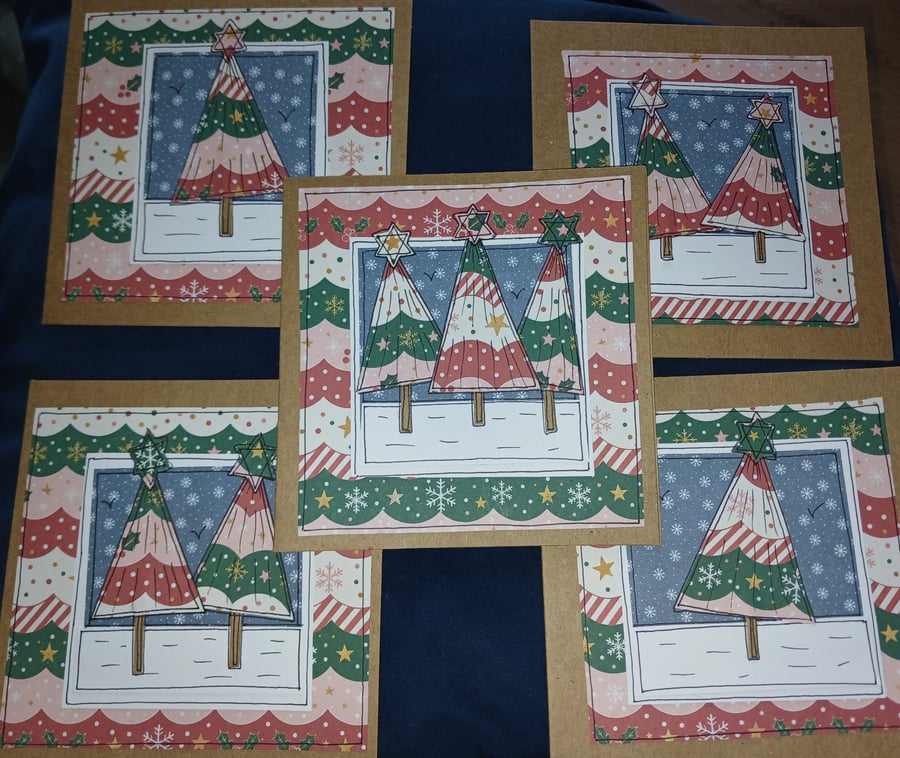 Quirky art whimsical handmade unique  paper christmas trees cards 