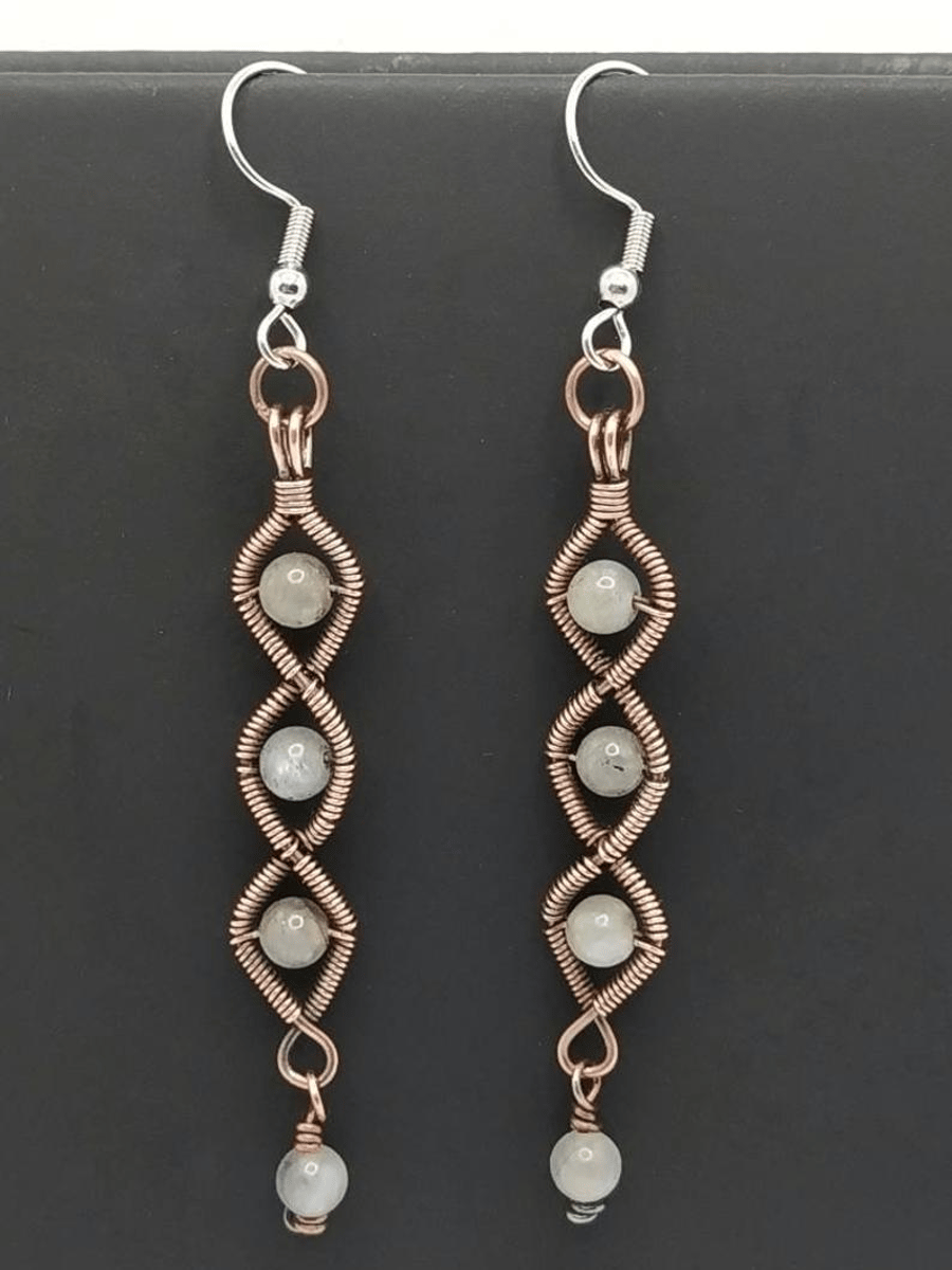 Twisted Wire Wrapped Earrings with Labradorite in Oxidised Copper