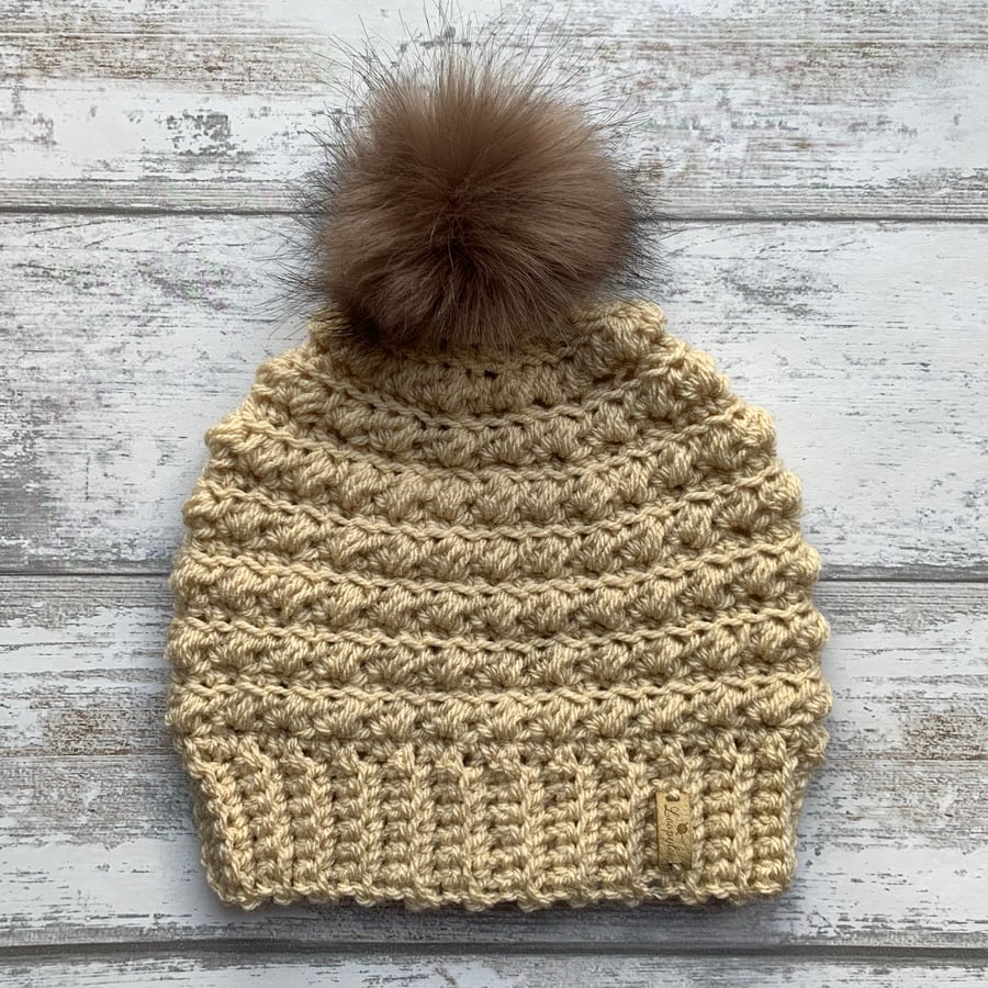 Handmade camel colour crochet beanie hat with faux fur pompom