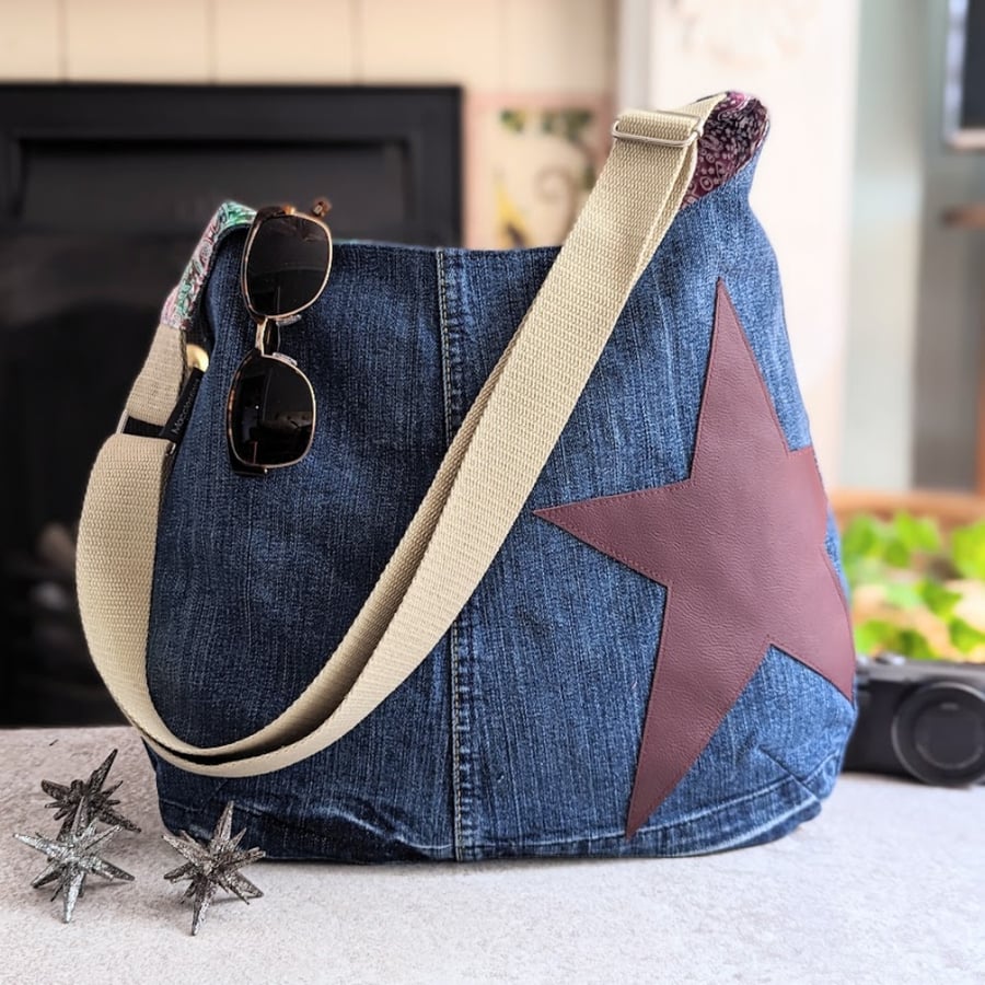 Denim Bag - Recycled Denim Hobo Cross Body Bag with Burgundy Star (P&P inc)