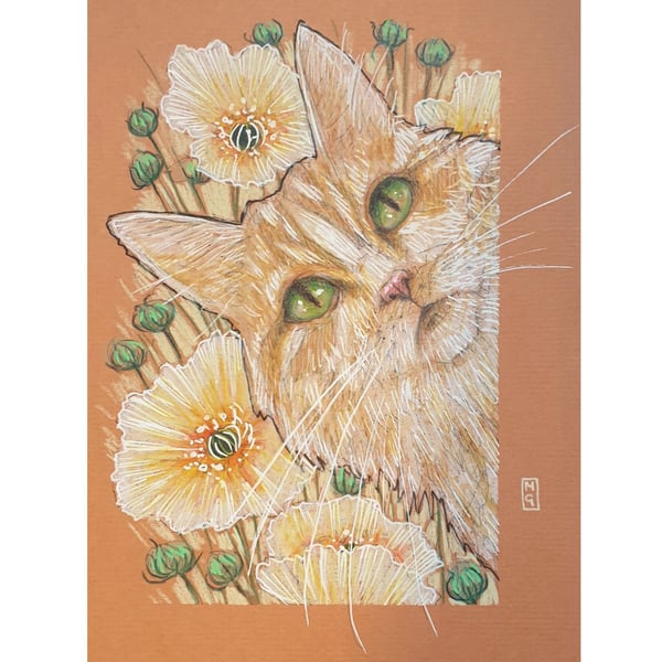 Cat portrait with flowers original artwork, small cat drawing