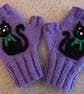 Dark Purple Fingerless Gloves With Black Cat (J168)