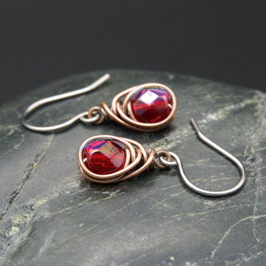 Copper Wire Wrapped Earrings with Faceted Red AB Glass Beads
