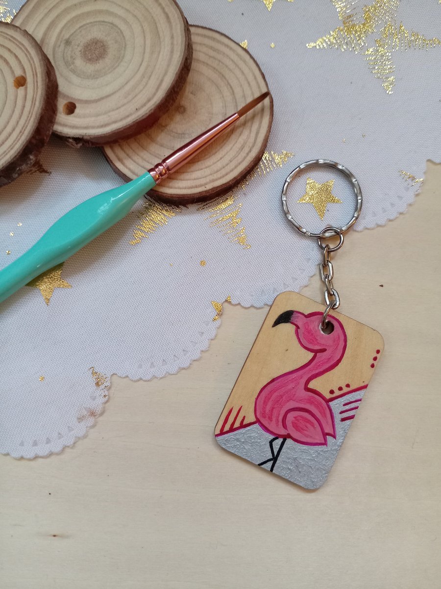 Wooden rectangular pink flamingo keyring 