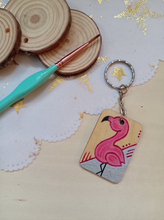 Wooden rectangular pink flamingo keyring 