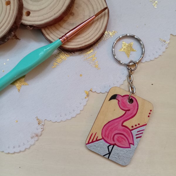 Wooden rectangular pink flamingo keyring 
