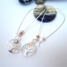 Star and Moon Silver Tree of Life Earrings, Long Drop, Stars, Moon, Copper, 