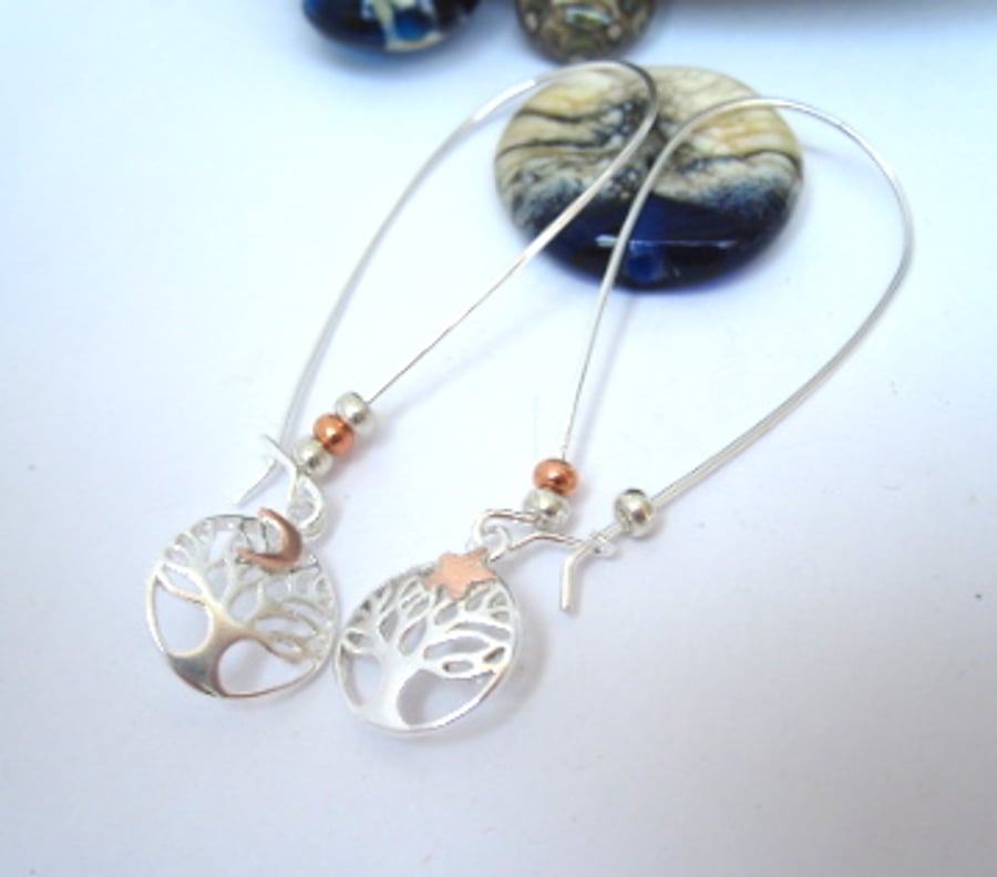 Star and Moon Silver Tree of Life Earrings, Long Drop, Stars, Moon, Copper, 