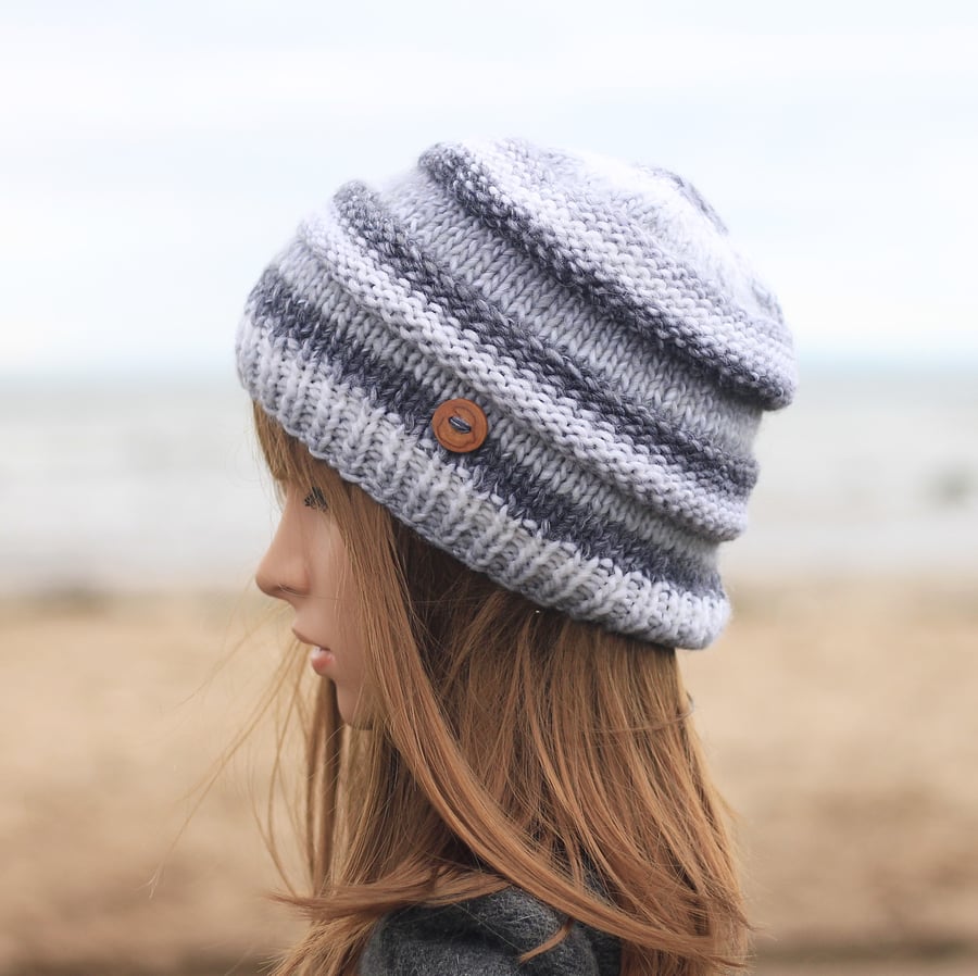 Beanie hat knitted white grey, winter women's cap