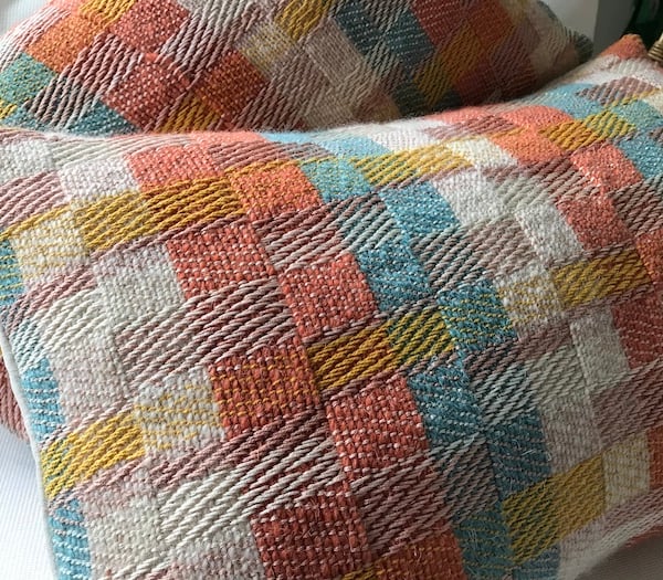"Helmsley No.1" Duck-Egg-Coral-Whisper. Contemporary handwoven cushions