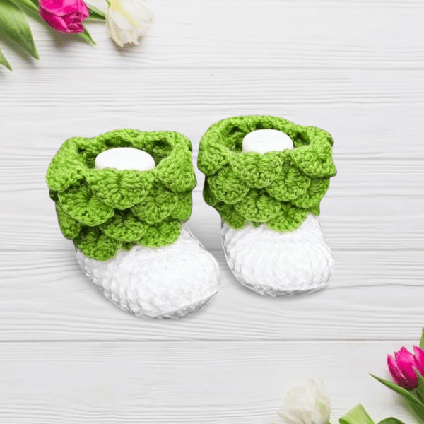 Hand crochet baby booties crocodile stitch green and white 