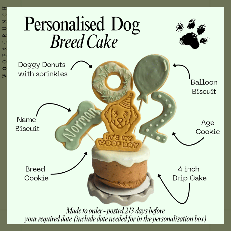 Dog Breed Personalised Birthday Cake treat box, Homemade iced cake and biscuits 