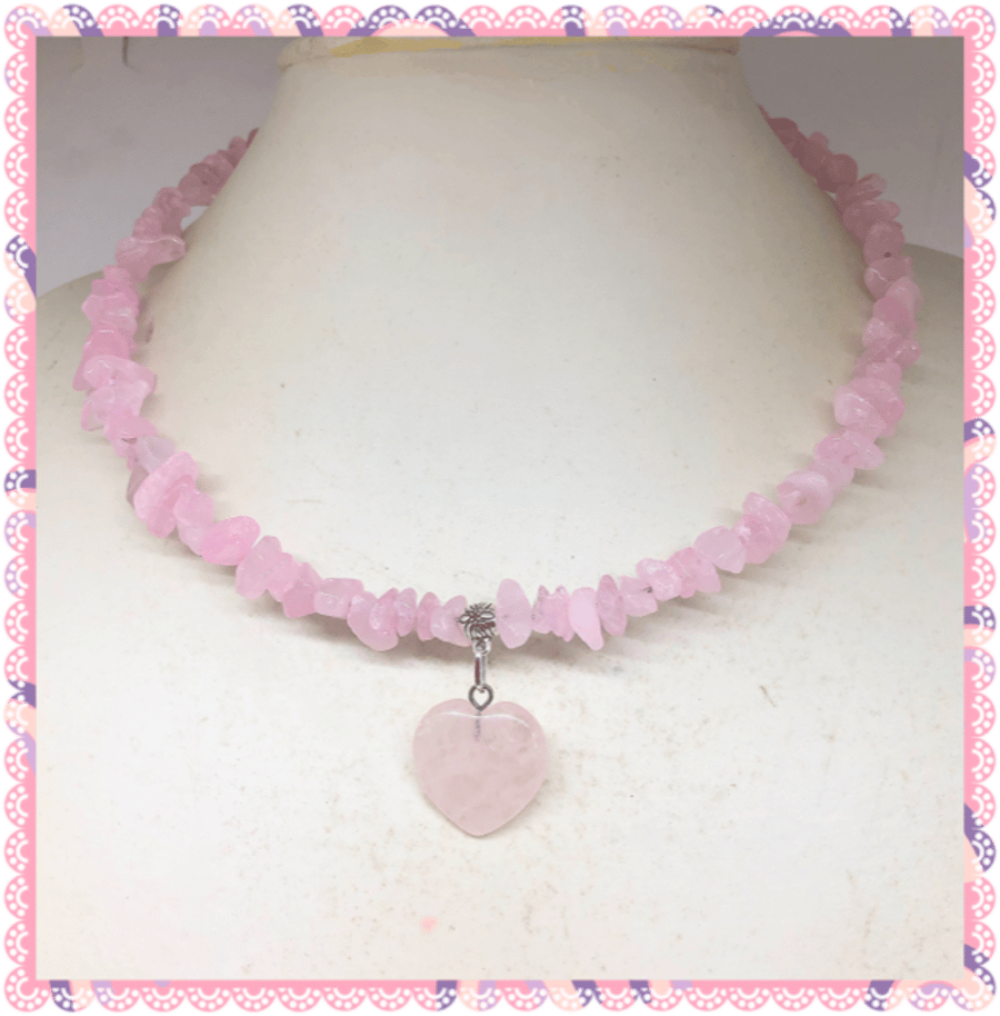 One of a Kind Rose Quartz Heart collar length necklace