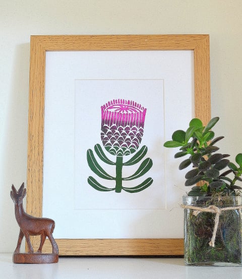 Protea flower linoprint