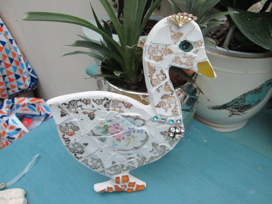 Mosaic Goose with gold necklace