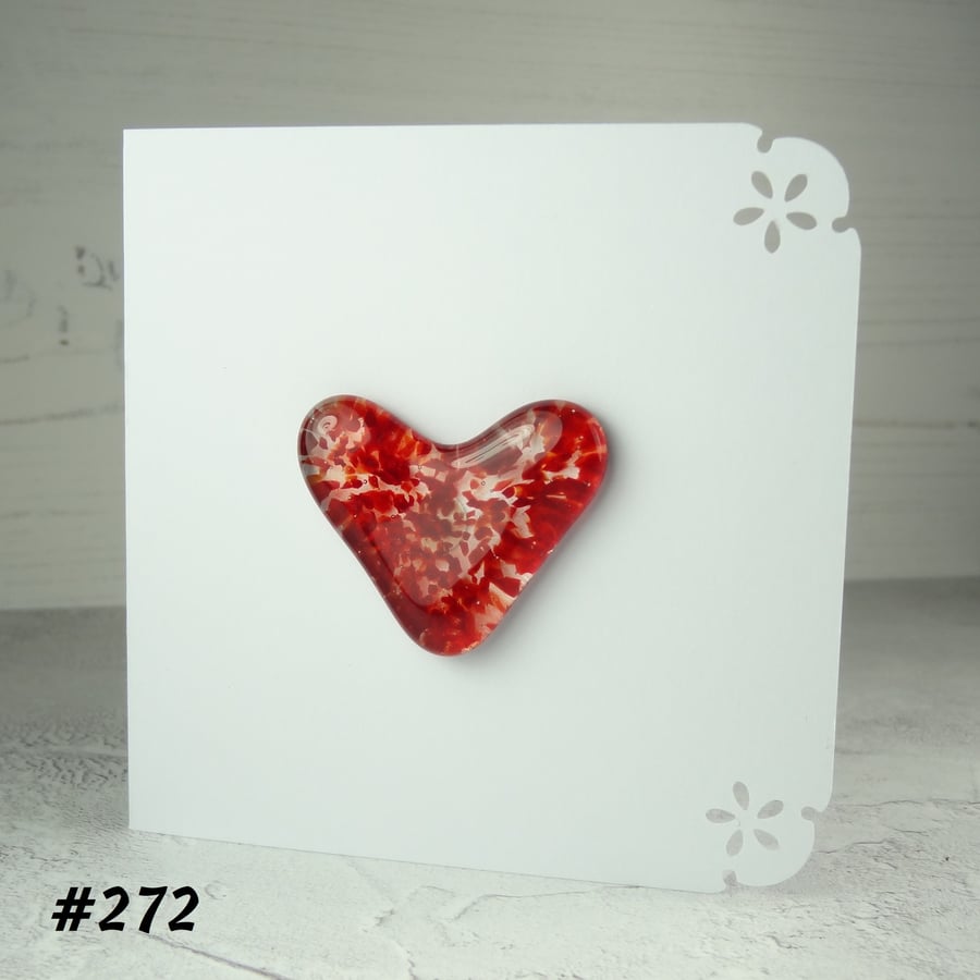 Red speckled heart handcrafted fused glass blank card (272)