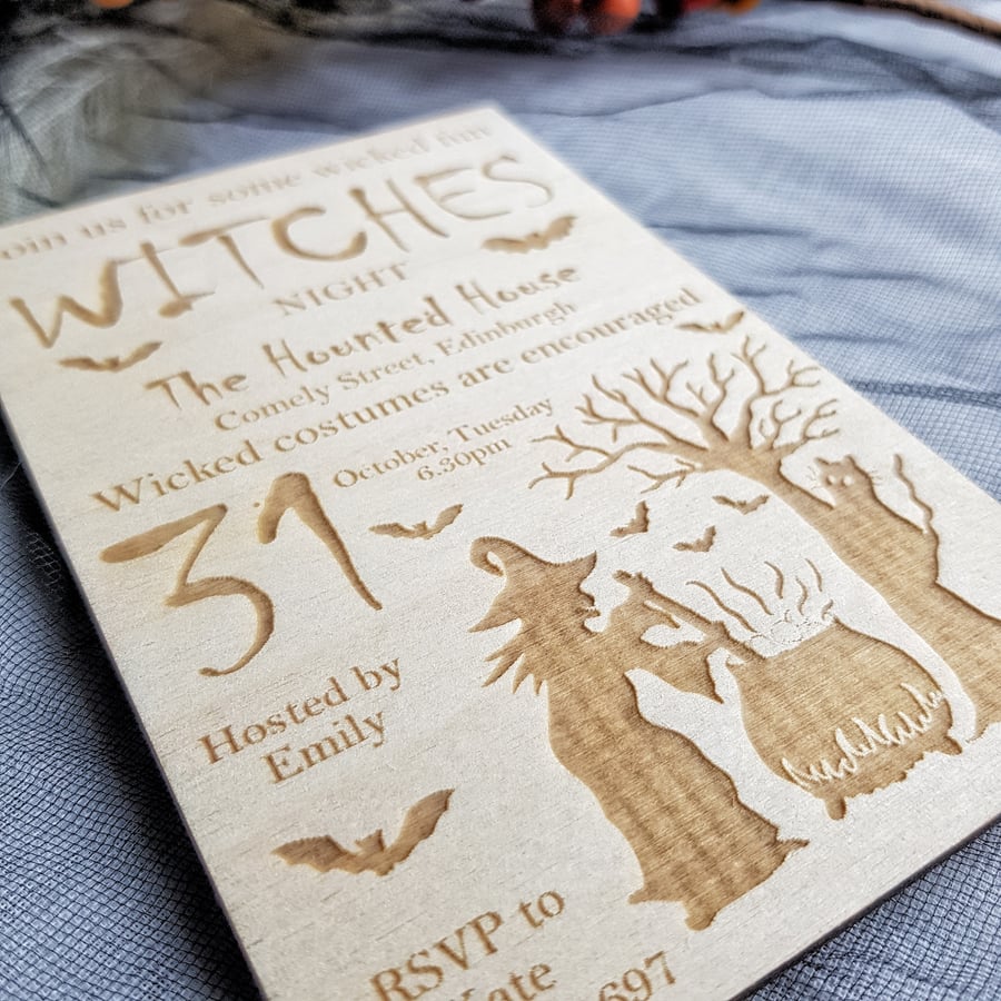 Rustic Personalised Halloween Wooden Invitation - Witches Party Invites