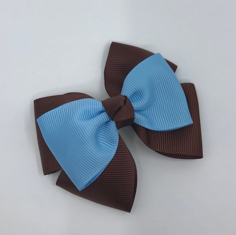 Brown and Light Blue Top Knot Bow on Clip