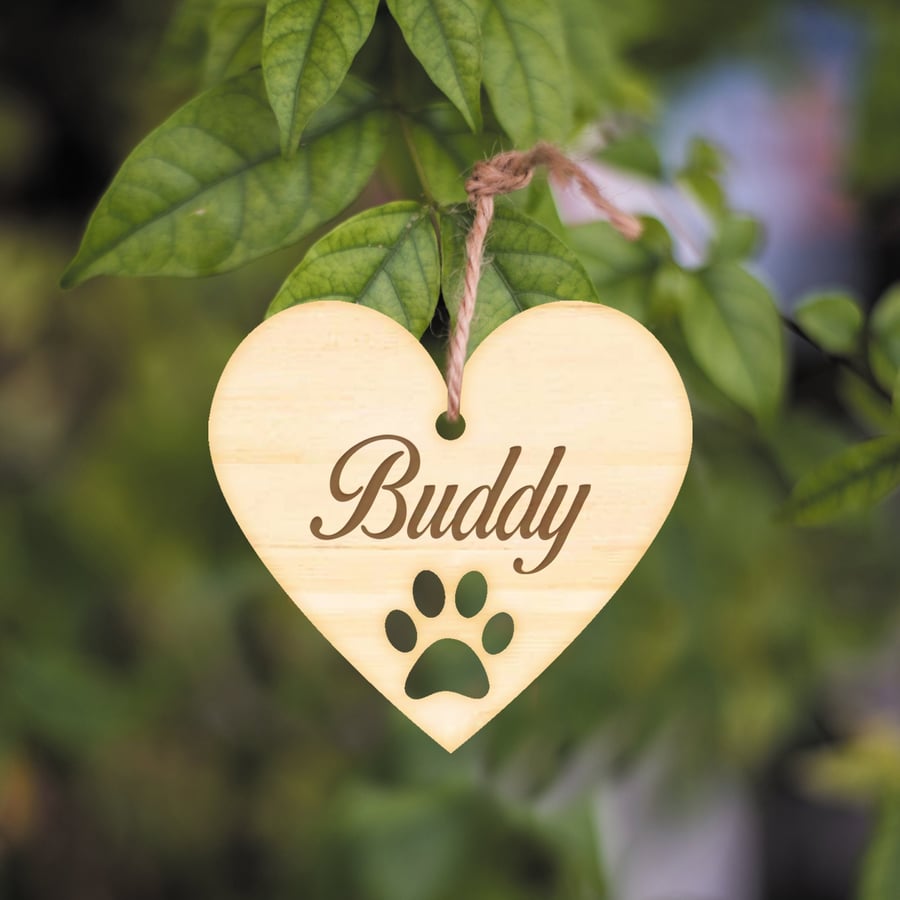 Personalised Engraved Wood Pet Name Heart Shaped Sign Ornament, Dog Cat Name