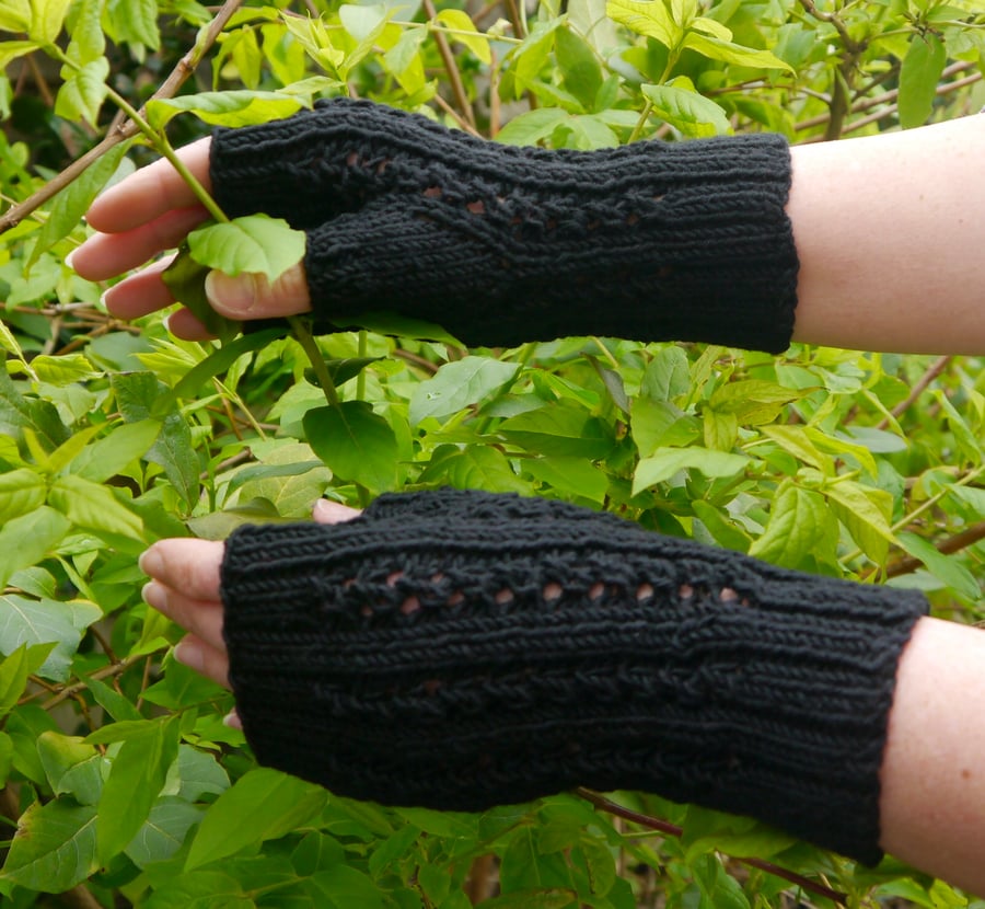 Black Fingerless Mittens, Hand Knitted