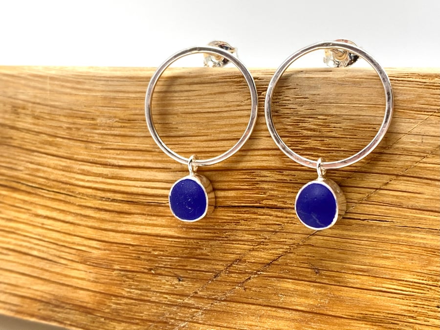 Dark Blue Sea Glass Bubble Earrings