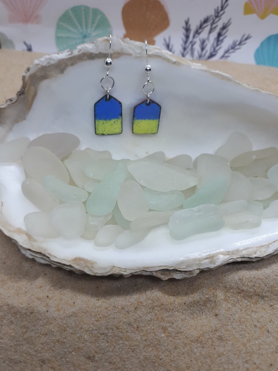 Seconds Sunday Blue and yellow reversible beach hut earrings