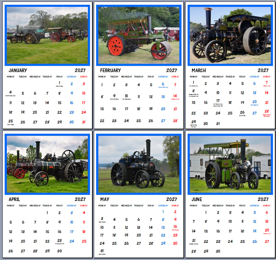 2027 Calendar Traction Engines A4 Size Wall Hanging 