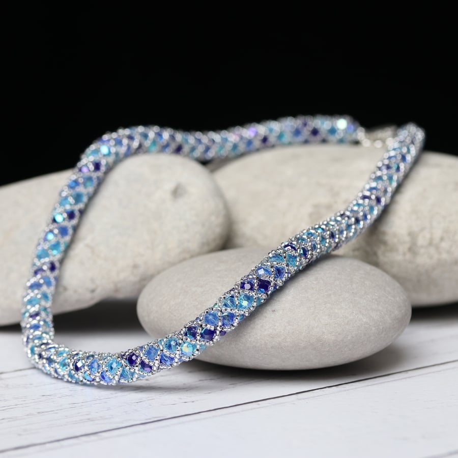 Blue and Aquamarine Firepolish Crystal Netted Necklace 