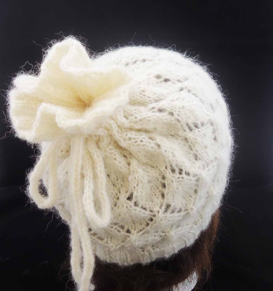 Drawstring Hat, Handknitted White Hat,Convertible Cowl, Convertible Snood