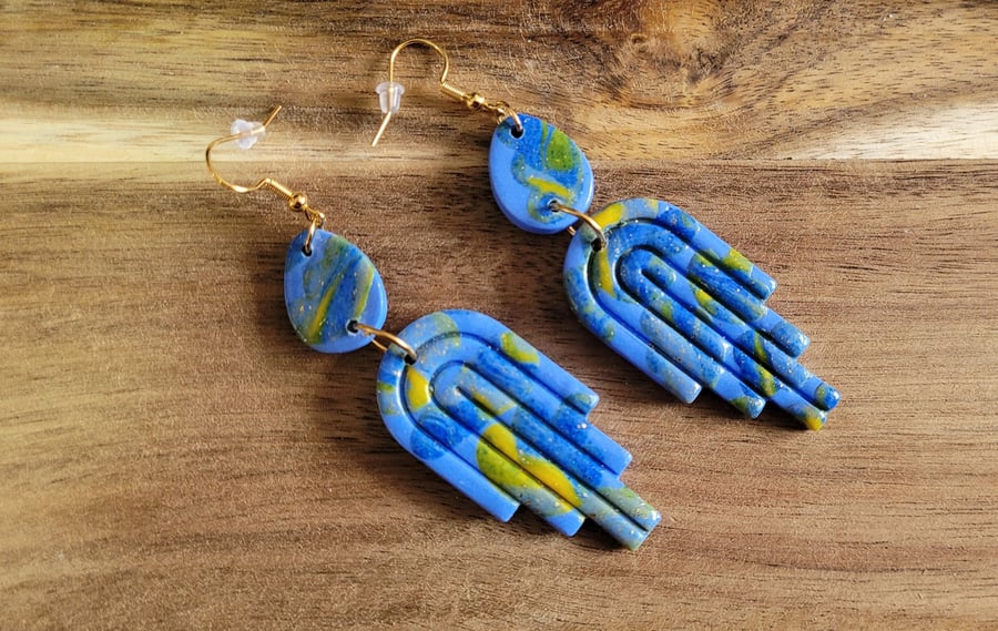 Polymer Clay Blue Dangle Earrings, 316 Surgical Stainless Steel