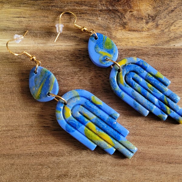 Polymer Clay Blue Dangle Earrings, 316 Surgical Stainless Steel