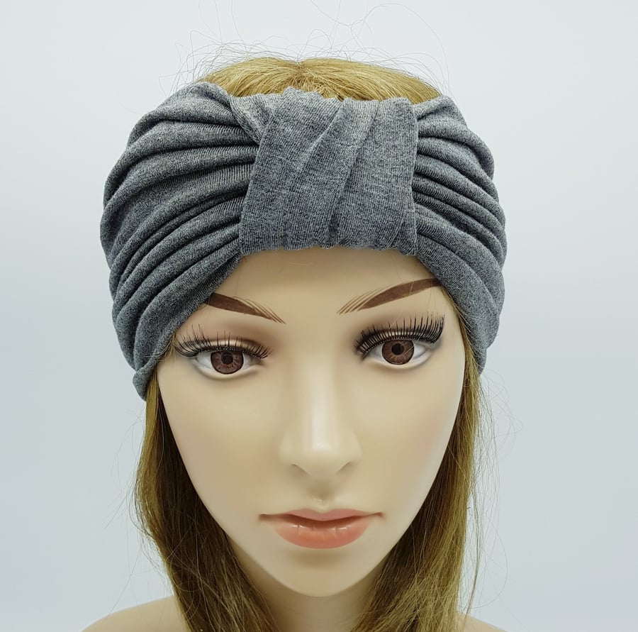 Grey top knotted turban, yoga headband, wide head wrap headband