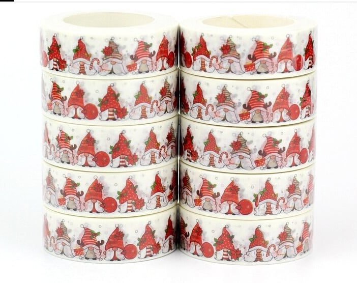 2 x Festive Gnome pattern, Red and White Gnomes Washi Tape, 10m