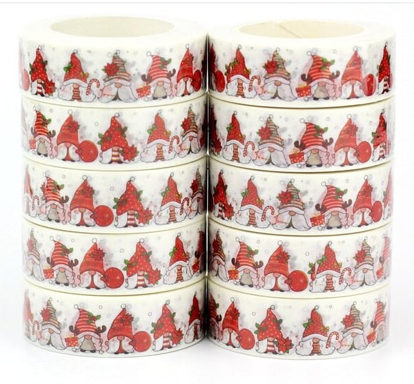2 x Festive Gnome pattern, Red and White Gnomes Washi Tape, 10m