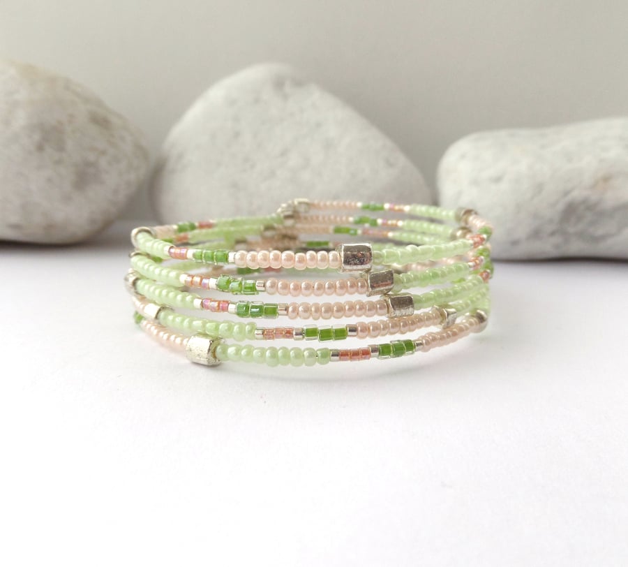 Pale Green & Pearly Peach Memory Bangle