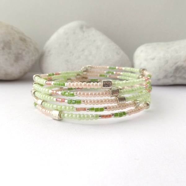 Pale Green & Pearly Peach Memory Bangle