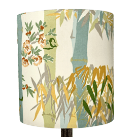 Sunny Yellow Bamboo Oriental Asian orange Flower Lampshade 70 80s vintage fabric