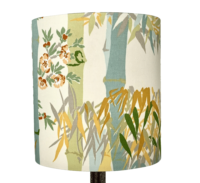 Sunny Yellow Bamboo Oriental Asian orange Flower Lampshade 70 80s vintage fabric