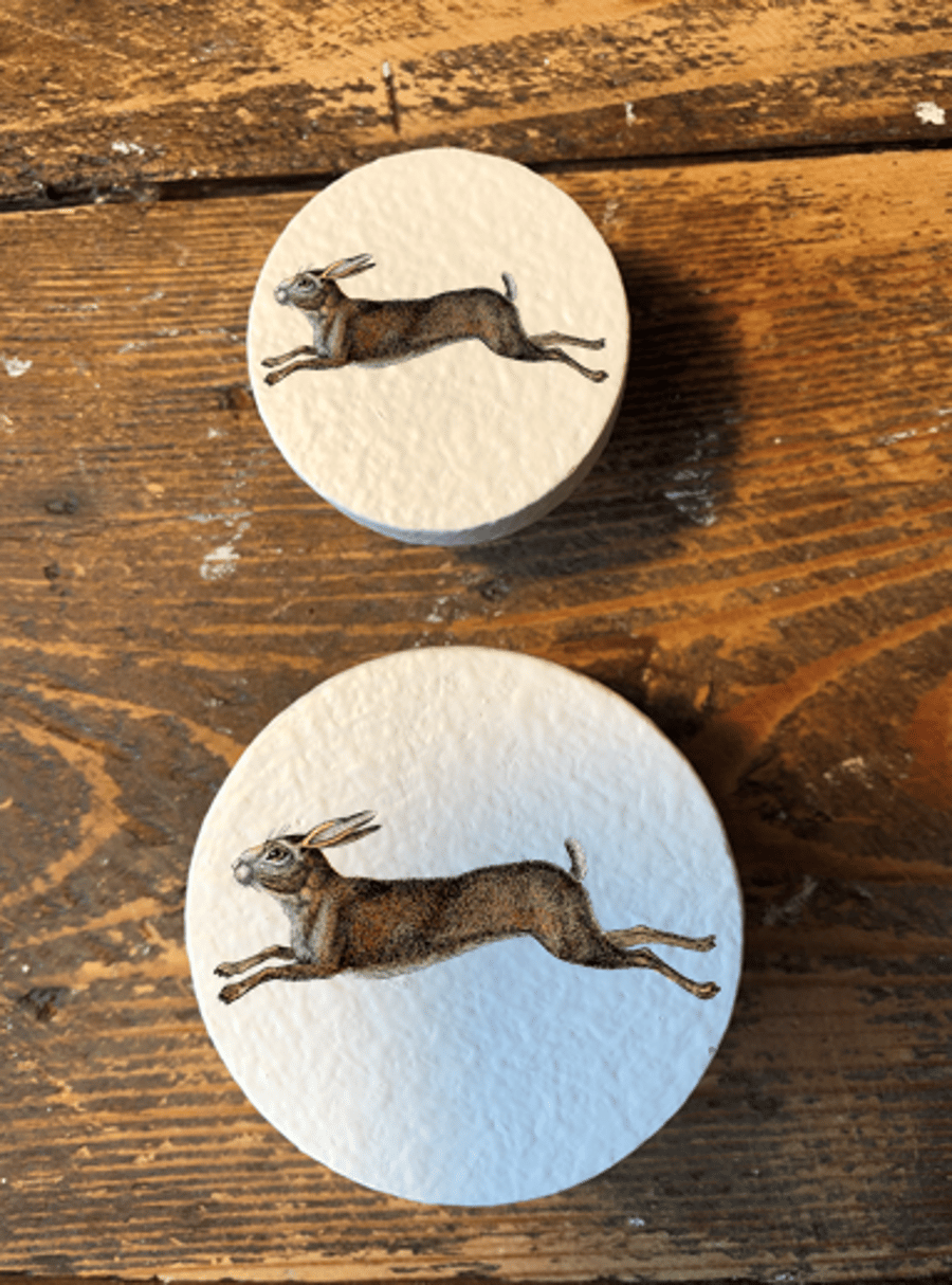 Handmade leaping Hare rabbit pine door knobs wardrobe drawer handles decoupaged 