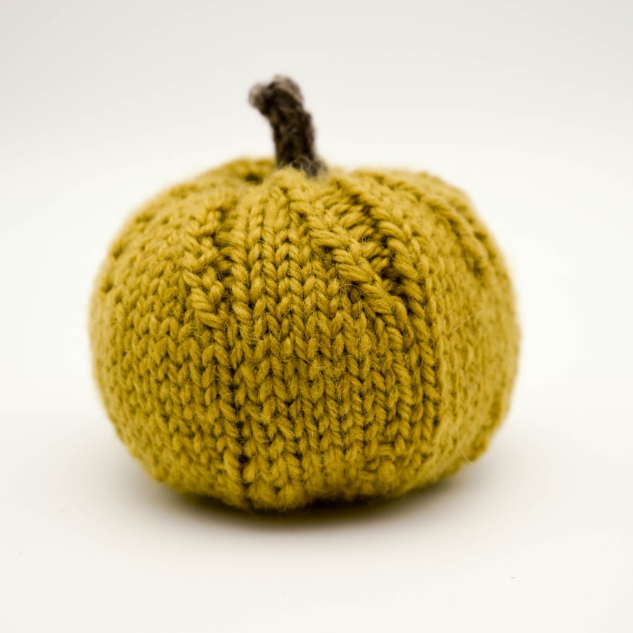 SOLD Hand knitted pumpkin pin cushion Ochre Yellow and Brown
