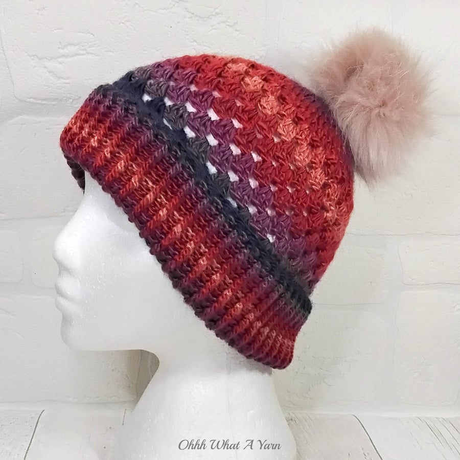 Crochet hat, beanie. Multi coloured granny stitch pom pom hat. Beanie hat.