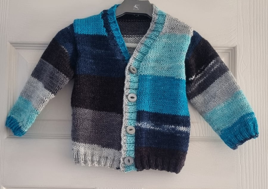 Handmade baby boy cardigan , blue stripes, long sleeve, colourful cardigan